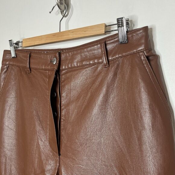 Aritzia Wilfred Faux Leather Cargo Pants Brown Womens 12 Barrel Leg Vegan - Picture 2 of 10